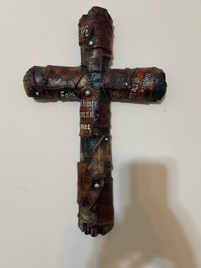 Decorative Wall Cross with Leather Patchwork and Inspirational Text